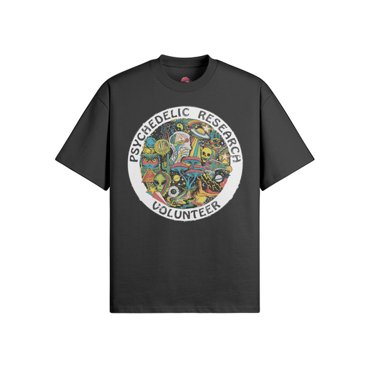 Psychedelic Research Volunteer oversized crew neck t-shirt with bold artwork by Artwork by James M Estes .