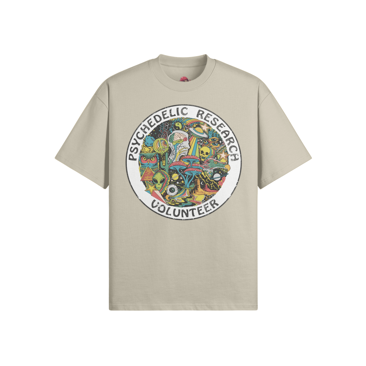 Psychedelic Research Volunteer oversized crew neck t-shirt with bold artwork by Artwork by James M Estes .