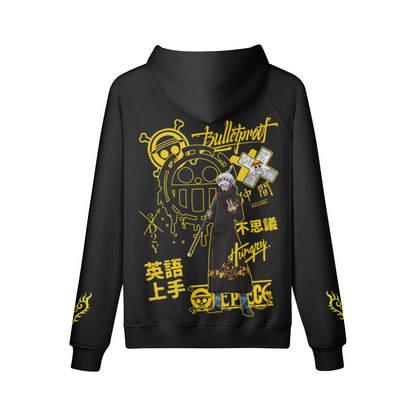 Trafalgar Law Bulletproof OnePiece fleece-lined hoodie with graphic design, oversized fit.