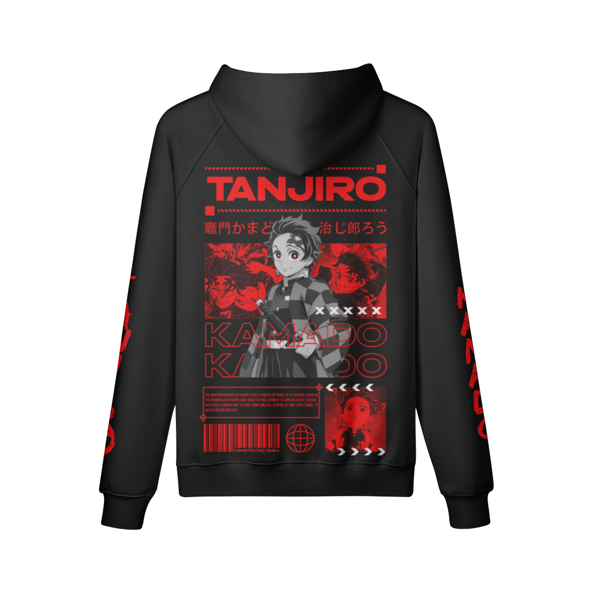 Tanjiro Kamado fleece-lined hoodie with red graphic design, oversized fit, and kangaroo pocket.