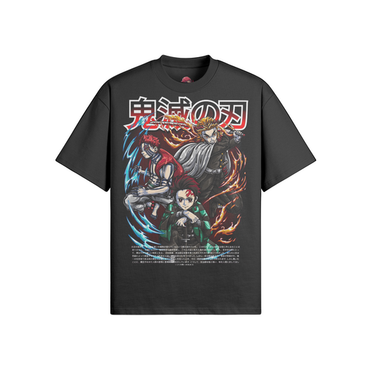 Demon Slayer Great Power oversized crew neck t-shirt with vibrant anime design.