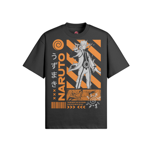 Naruto Sage Mode oversized crew neck t-shirt with bold orange and black design.