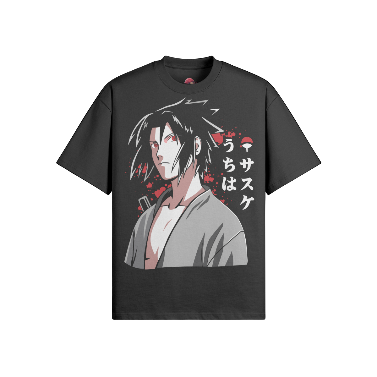 Sasuke Uchiha oversized crew neck t-shirt with drop shoulders and heavyweight cotton fabric.