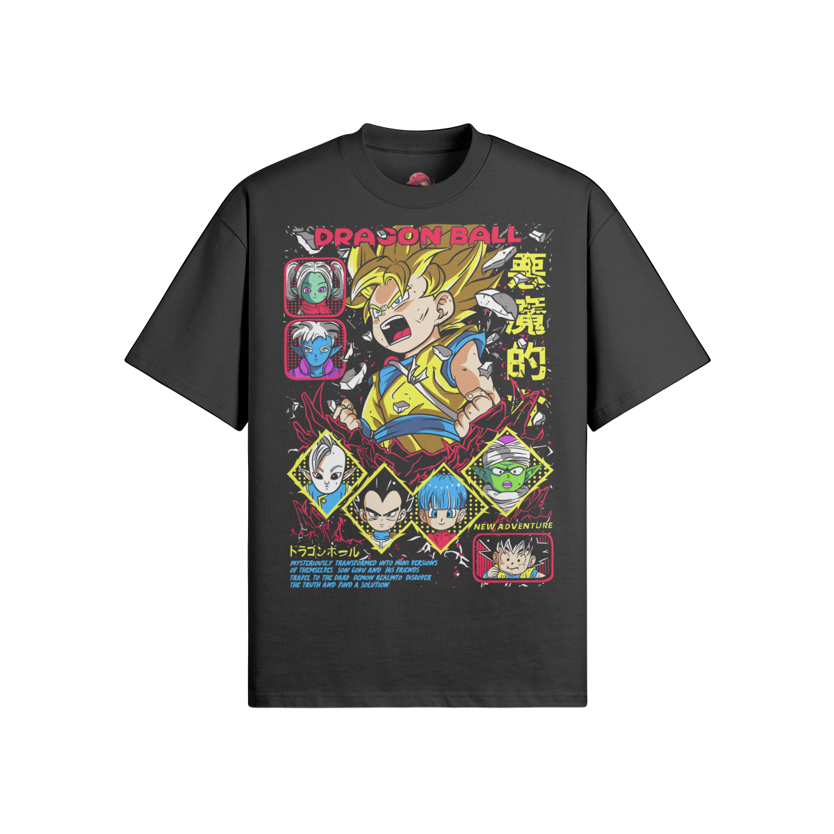 Oversized crew neck T-shirt featuring Dragon Ball Daima graphic design, heavyweight cotton.